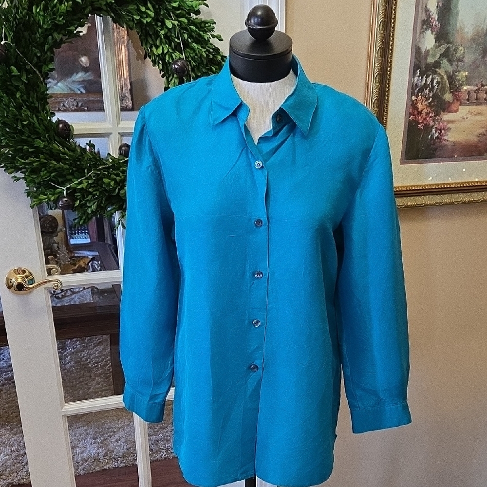 Silks By Joan Leslie Turquoise Long Sleeve Blouse 100% Silk Button Front 12 EUC